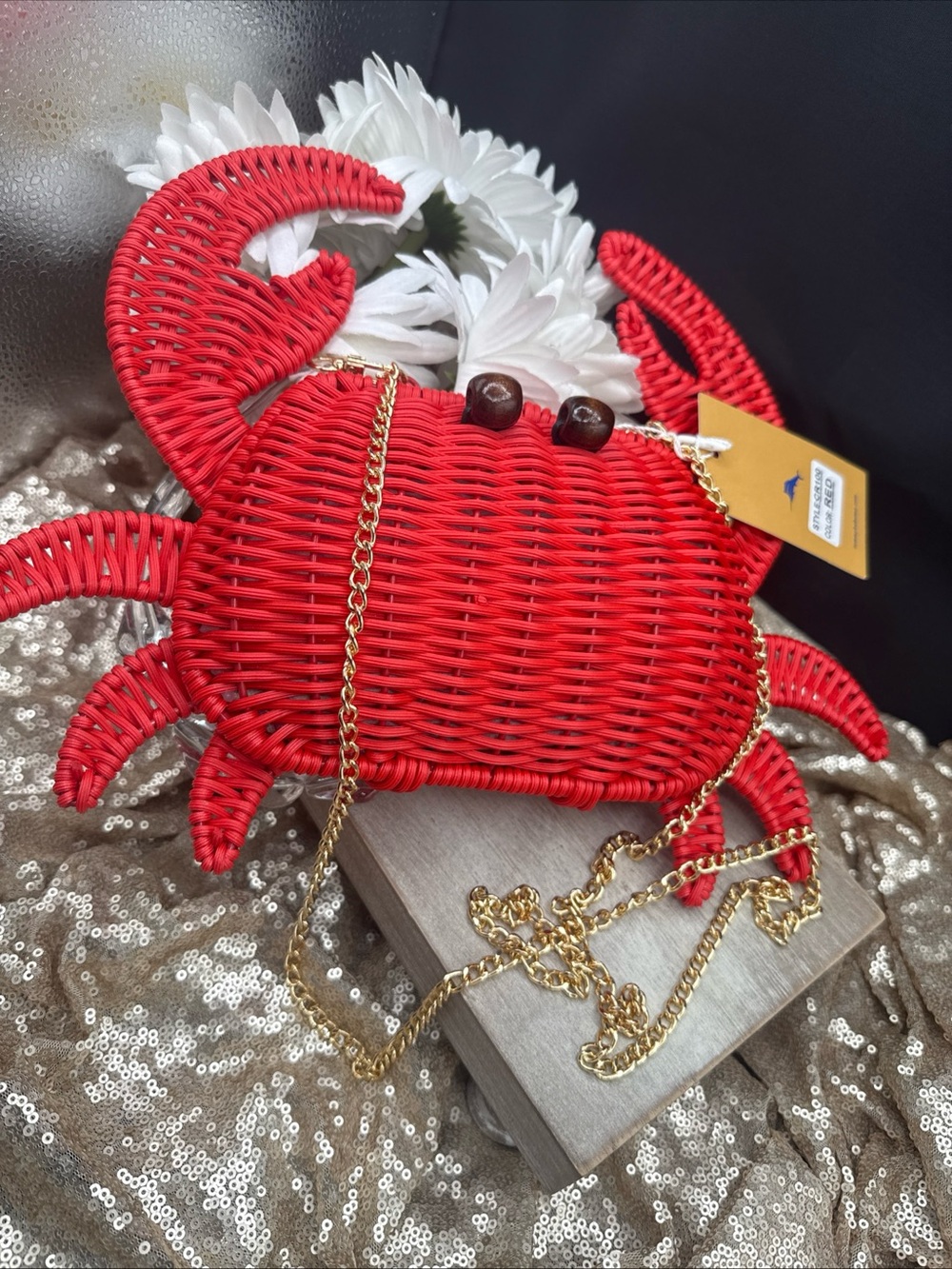 TOMMY BAHAMA RED WOVEN WICKER CRAB PURSE CLUTCH CROSSBODY SHOULDER BAG NWT